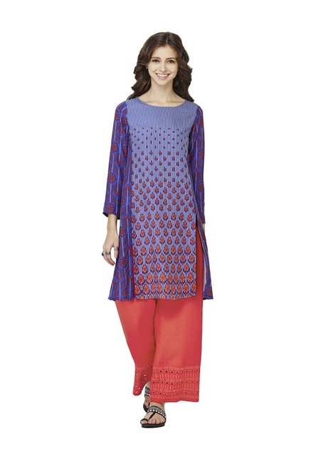 Global Desi Blue Printed Viscose Kurta Price in India