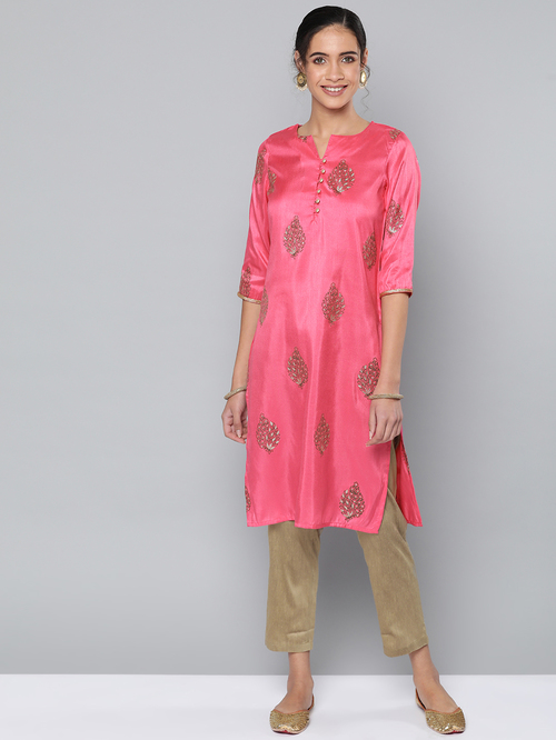 Street 9 Pink & Beige Printed Kurta With Pants Price in India