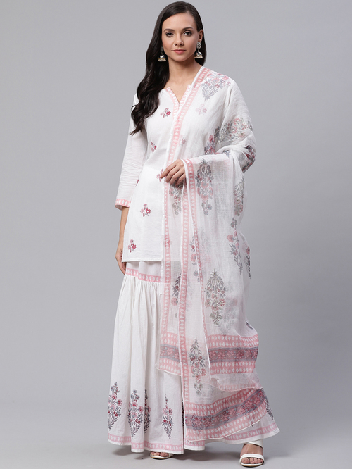 Divena White Cotton Floral Print Kurta Sharara Set With Dupatta Price in India