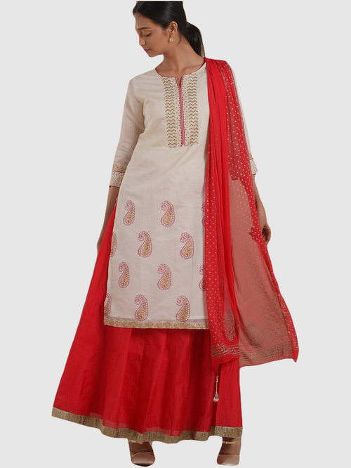 Imara Beige & Red Printed Kurta Skirt Set With Dupatta Price in India