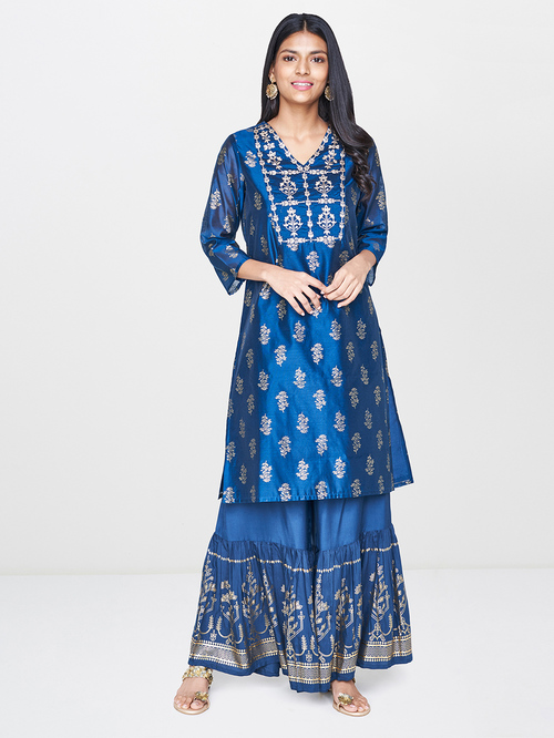 Global Desi Teal Printed Garara Set Price in India