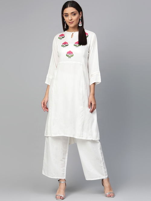 Bhama Couture White Cotton Embroidered Kurta Palazzo Set Price in India