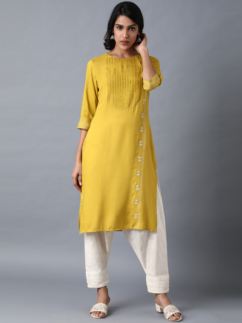 W Yellow Embroidered Straight Kurta Price in India