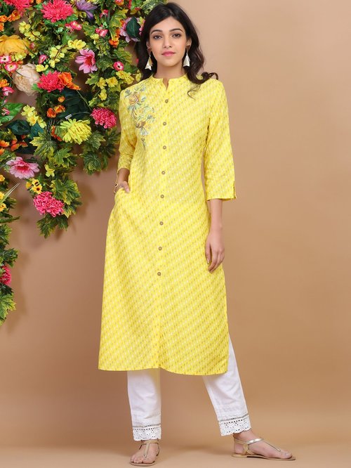 Juniper Yellow Embroidered Straight Kurti Price in India