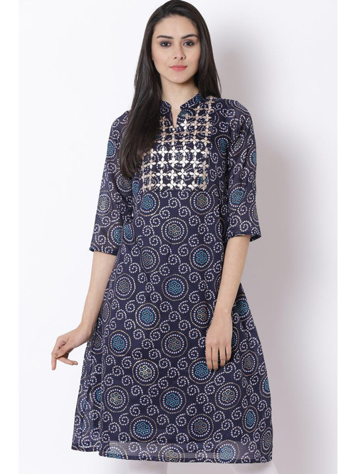 Rangriti Navy Printed A Line Kurta Price in India