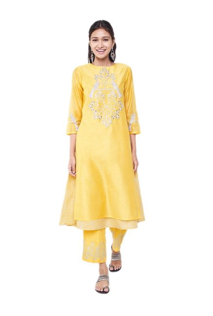 Global Desi Yellow Embroidered Kurta With Pants Price in India