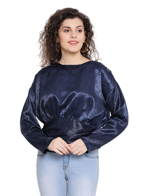 Oxolloxo Navy Self Print Glasgow Shimmer Top Price in India