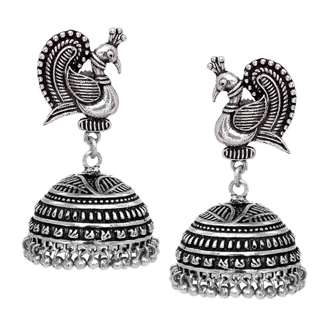 V L Impex Dancing Peacock Black Metal Silver Palted Oxidized Jhumki Earrings For Women Price in India