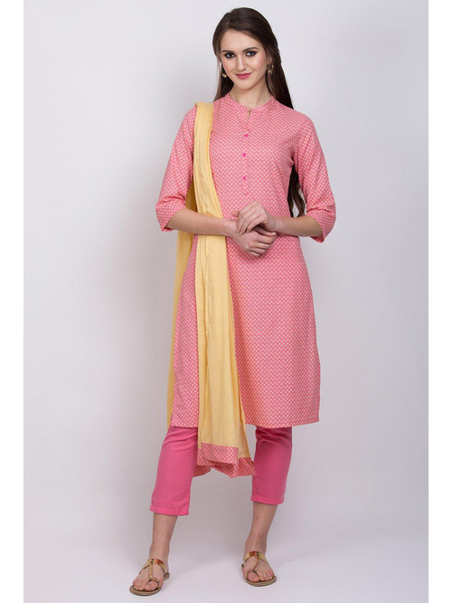 Rangriti Pink Cotton Printed Kurta Pant Set With Dupatta Price in India