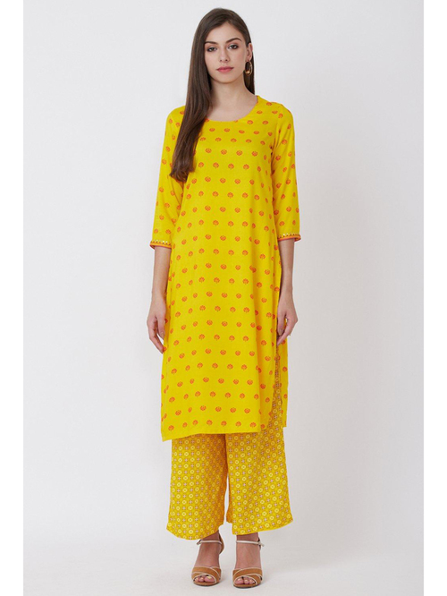Rangriti Yellow Woven Pattern Straight Kurta With Jacket Price in India