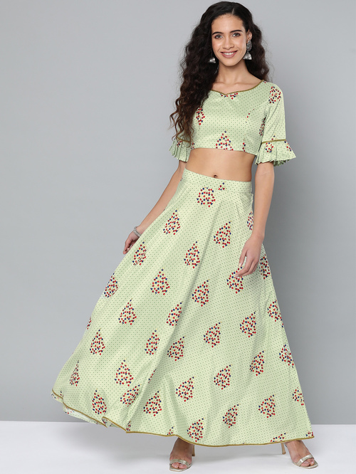 Street 9 Green Printed Crop Top With Skirt Price in India