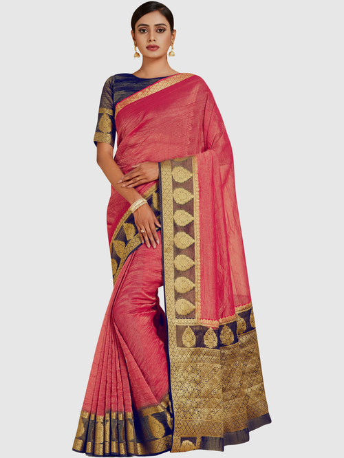 Mimosa Pink Woven Sarees With Blouse Price in India