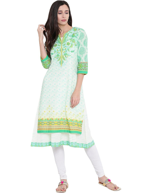 Rangriti Green Cotton Printed Straight KURTA Price in India