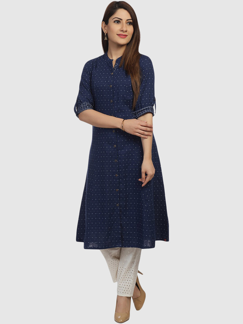 Biba Navy & White Cotton Printed Kurta Pant Set Price in India