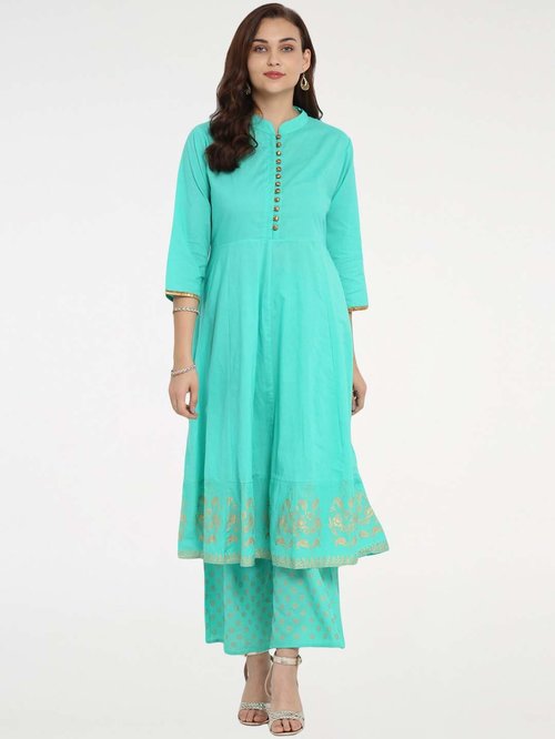 Bhama Couture Sea Green Cotton Printed Kurti Palazzo Set Price in India