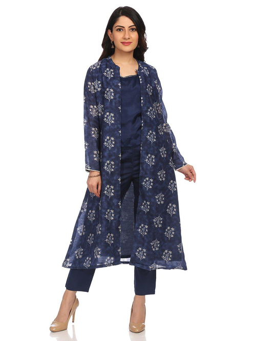 Rangriti Navy Floral Print Top Pant Set With Shrug Price in India