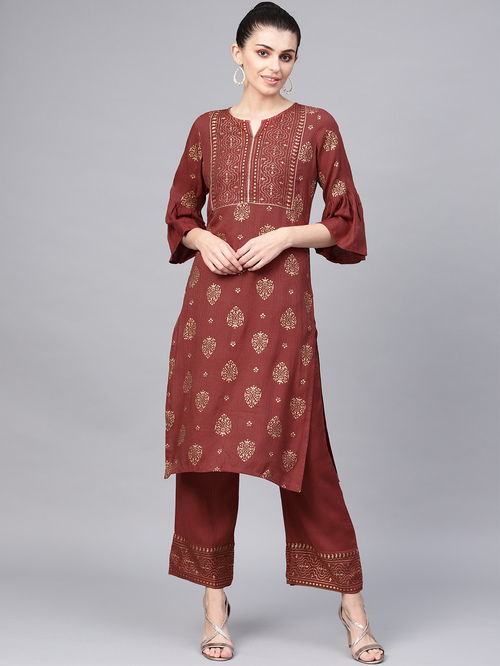 Jaipur Kurti Maroon Printed Kurta Palazzo Set Price in India