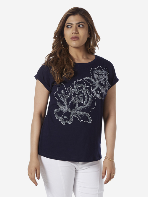 Gia Curve by Westside Navy Floral Patterned Bella T-Shirt Price in India