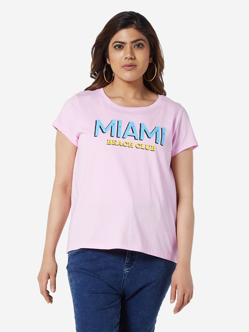 Sassy Soda Curve by Westside Pink Edna Text Print T-Shirt Price in India