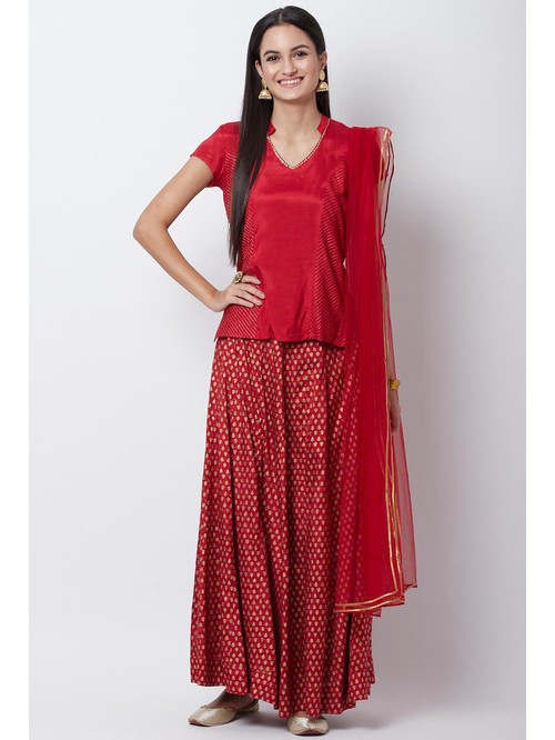 Rangriti Maroon Printed Top Skirt Set Price in India
