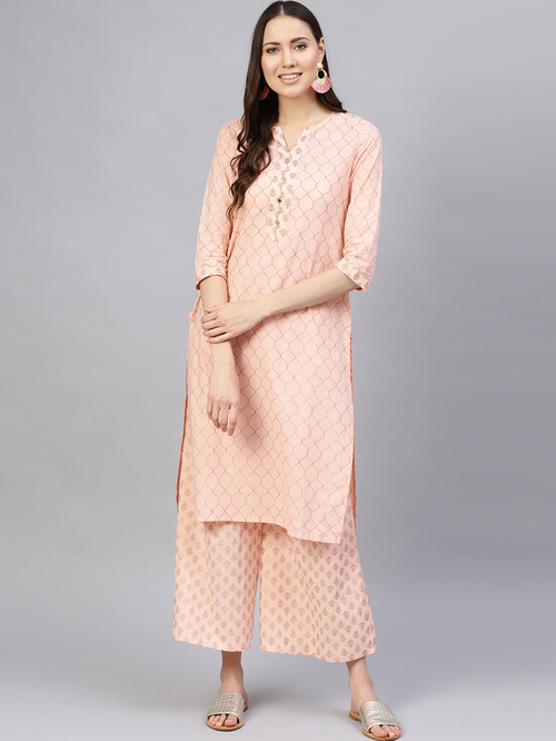 KSUT Peach Cotton Printed Kurta Palazzo Set Price in India