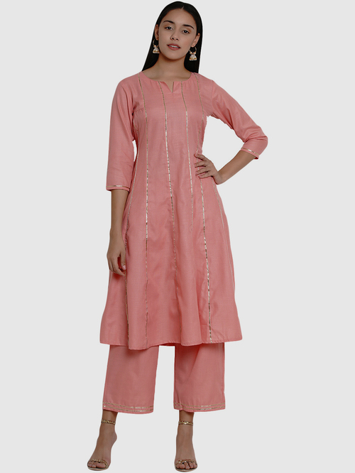 Bhama Couture Blush Pink Cotton Zari Work Kurta Pant Set Price in India