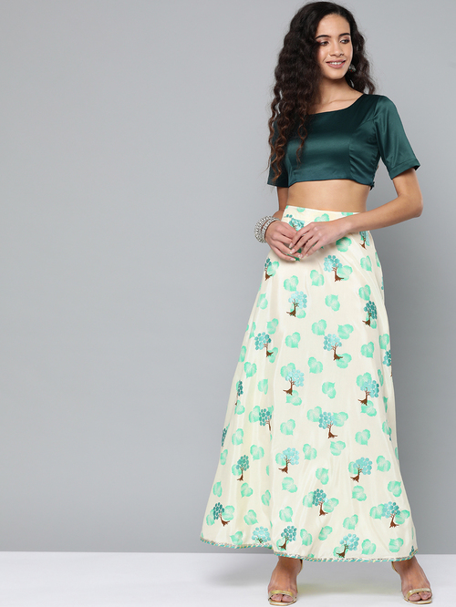 Street 9 Green & White Printed Top With Skirt Price in India