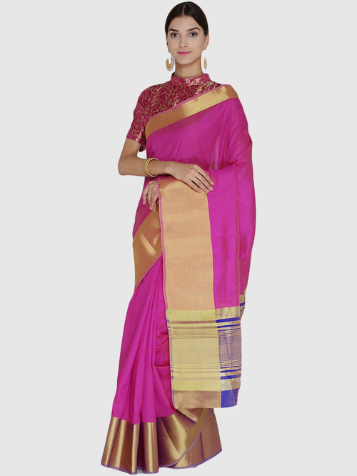 Chhabra 555 Pink Zari Work Banarasi Saree With Blouse Price in India
