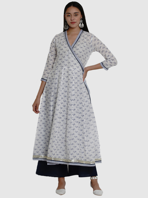 Bhama Couture White & Navy Cotton Printed Kurta Palazzo Set Price in India