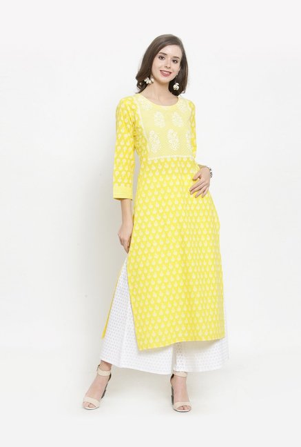 Varanga Yellow & White Printed Kurti Palazzo Set Price in India