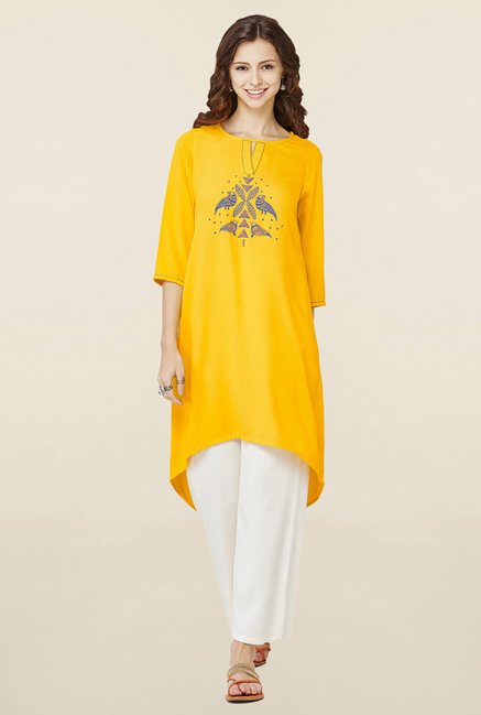 Global Desi Yellow Printed Kurti Price in India