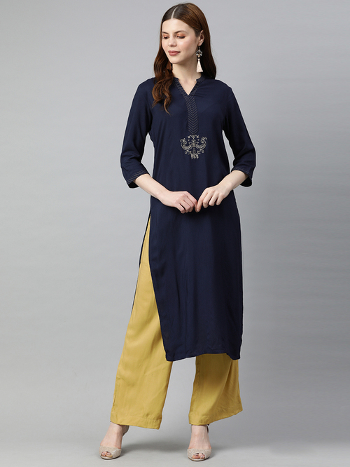 Jaipur Kurti Navy & Beige Embroidered Kurta Palazzo Set Price in India