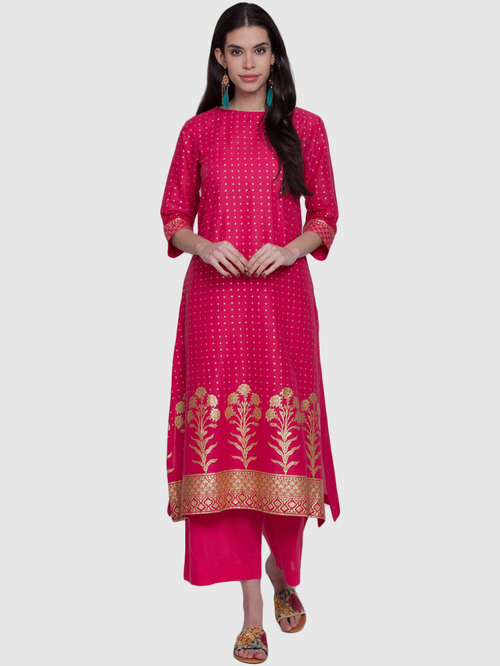 Biba Pink Cotton Printed Straight Kurta Price in India