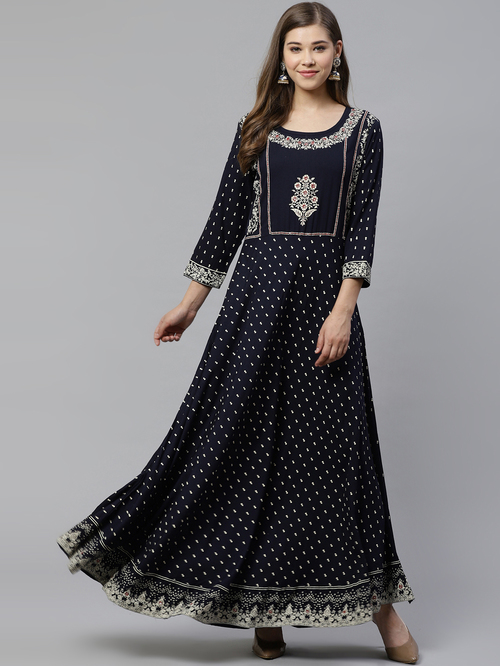 Divena Navy Floral Print Anarkali Kurta Price in India