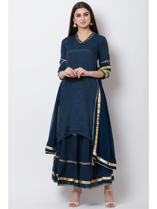 Rangriti Navy Cotton Kurta Skirt Set With Dupatta Price in India