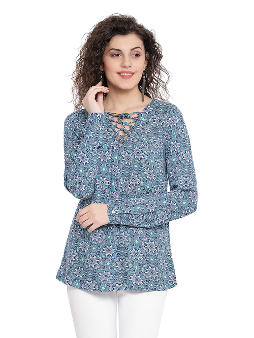 Oxolloxo Blue Printed Evident Tie Knot Top Price in India