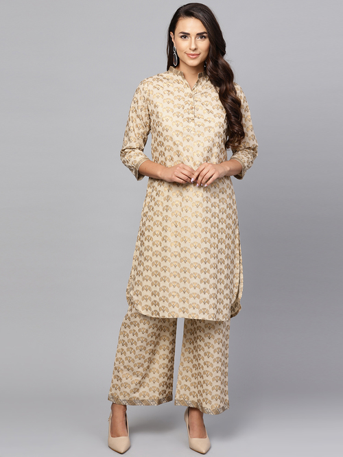 Indo Era Beige Cotton Printed Kurta Palazzo Set Price in India