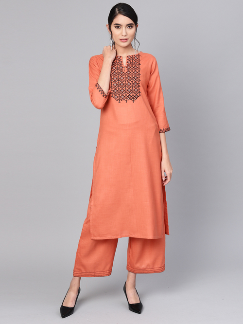 Indo Era Peach Cotton Embroidered Straight Kurta Price in India