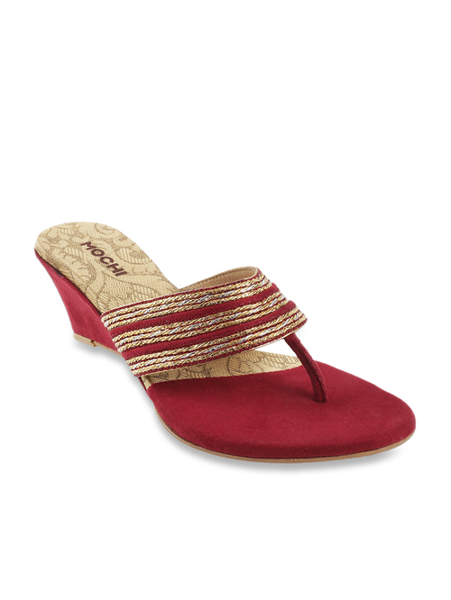 Mochi Maroon T-Strap Wedges Price in India