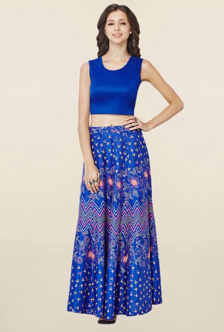 Global Desi Royal Blue Solid Top With Skirt Price in India