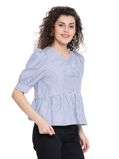 Oxolloxo Blue Striped Linaut Nelly Top Price in India