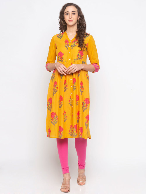 Globus Mustard Floral Print Kurta Price in India