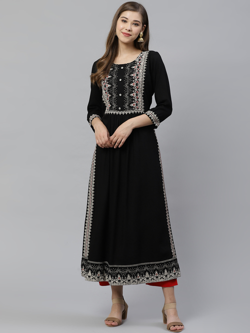 Divena Black Floral Print Straight Kurta Price in India