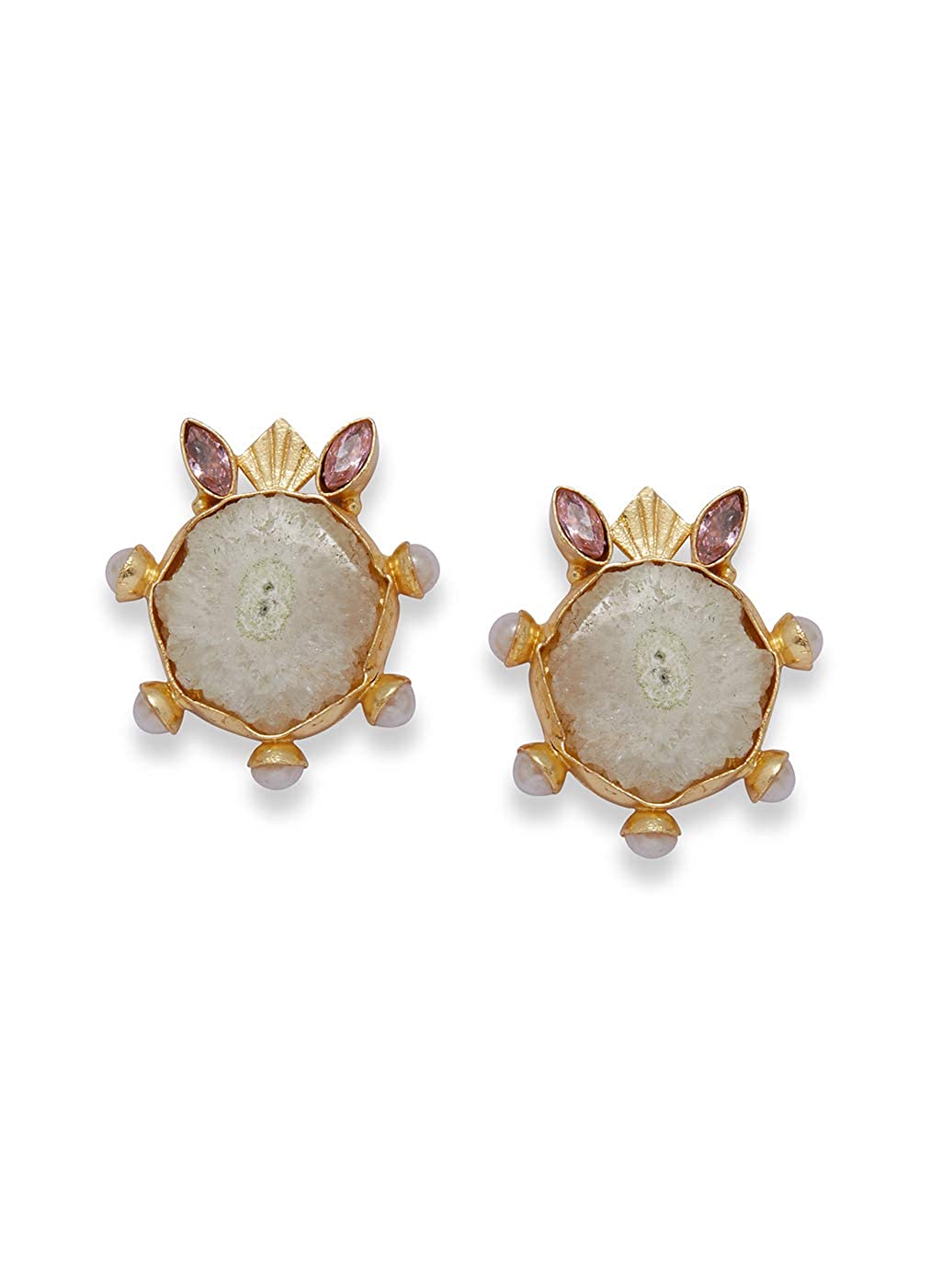 ACCESSHER Golden Brass White Agate Stud Earrings for Women Price in India