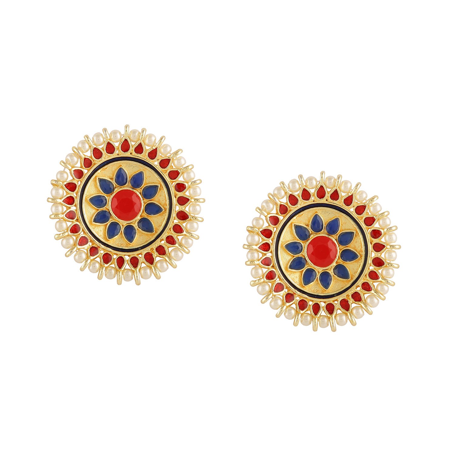 AccessHer Gold Plated Ethnic Oversized Circular Bue,Red Enamel Stud Earrings for Women Price in India