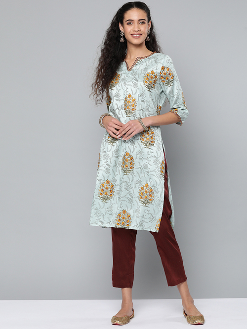 Street 9 Green & Brown Printed Kurta With Pants Price in India