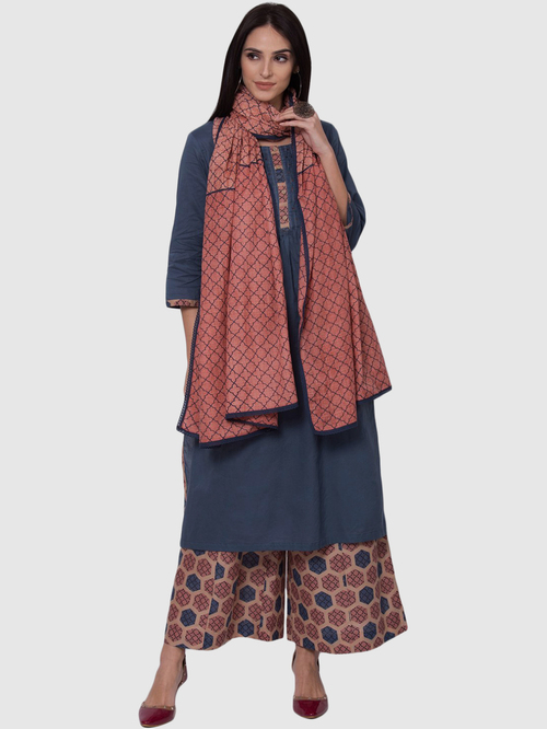 Biba Blue & Coral Cotton Kurta Palazzo Set With Dupatta Price in India