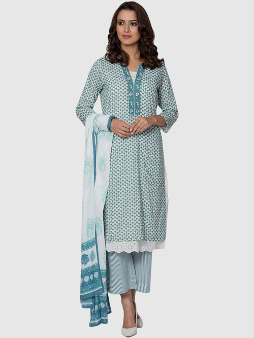 Biba Off-White & Blue Cotton Printed Kurta Palazzo Set With Dupatta Price in India