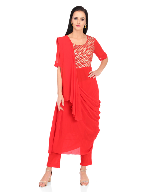 Biba Red Printed Kurta Pant Set With Dupatta Price in India