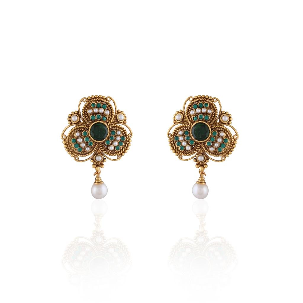 Accessher Ethnic Floral Shaped Stud Earrings with Pearl Drop for Women Price in India